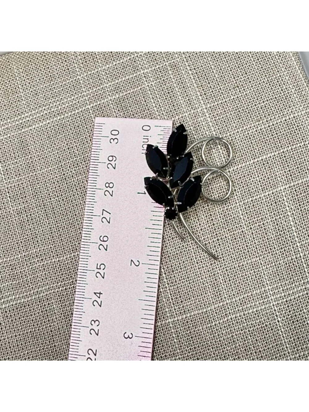 Vintage MCM Jet Black & Silver-Tone Floral Leaf Brooch Pin Mid-Century Modern